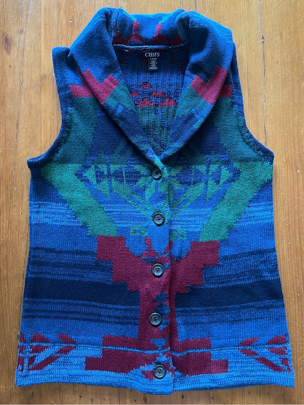 Chaps Shawl Collar Southwestern Aztec Design Button Up Cotton Blend Sweater Vest